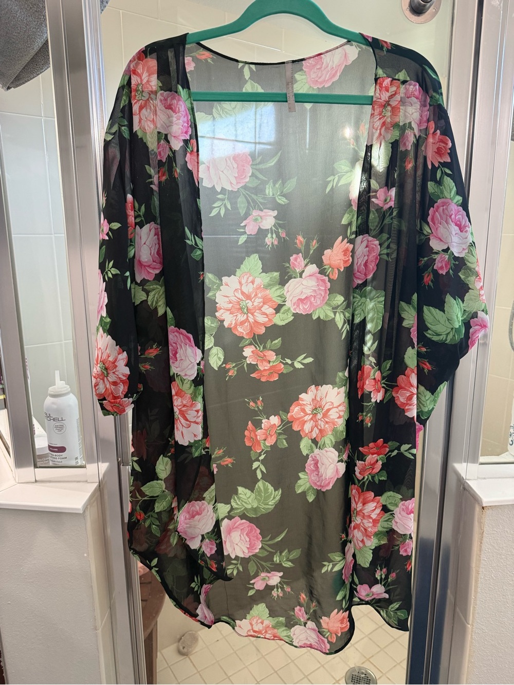 Floral Sheer Kimono Tunic - Black with Pink Roses
